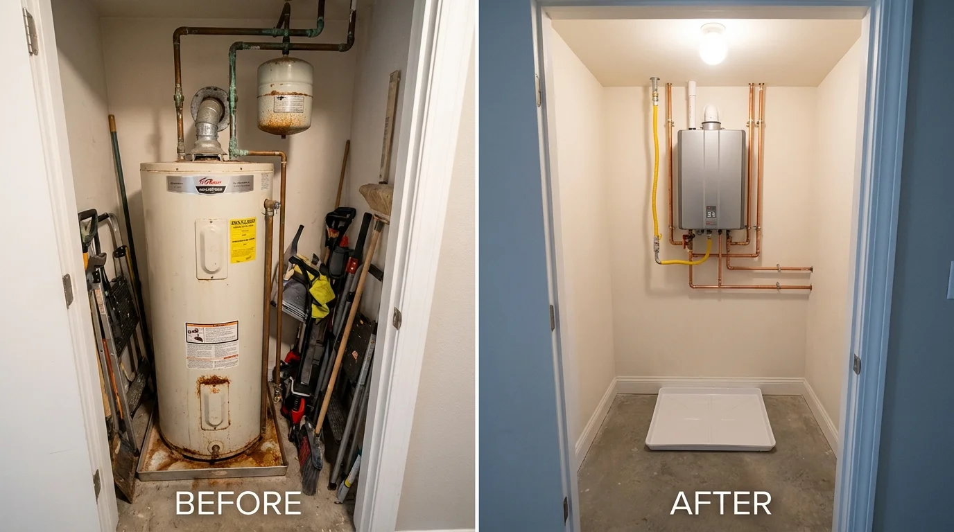 Tank water heater versus wall-mounted tankless unit comparison for Wharton, TX homeowners